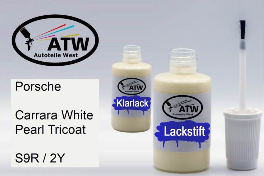 Porsche, Carrara White Pearl Tricoat, S9R / 2Y: 20ml Lackstift + 20ml Klarlack - Set, von ATW Autoteile West.